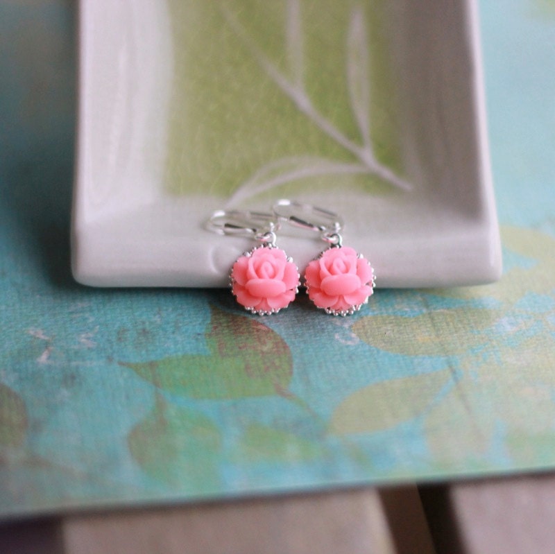 Darling Bright Pink Rose Dangle Earrings Jewelry Gift for Her. Free Shipping.
