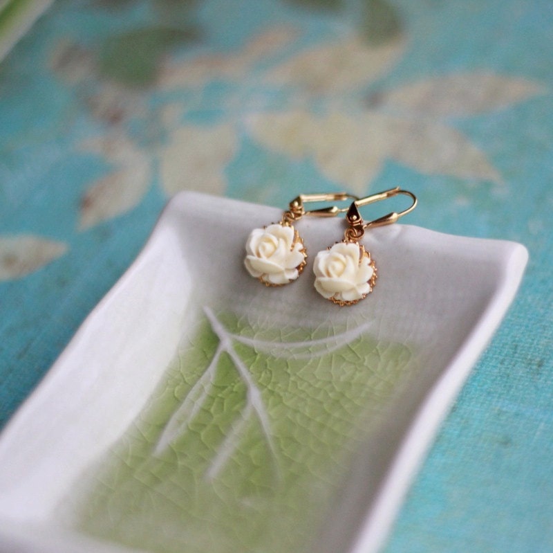 Darling Ivory Rose and Gold Dangle Earrings Jewelry Gift for Her. Free Shipping.