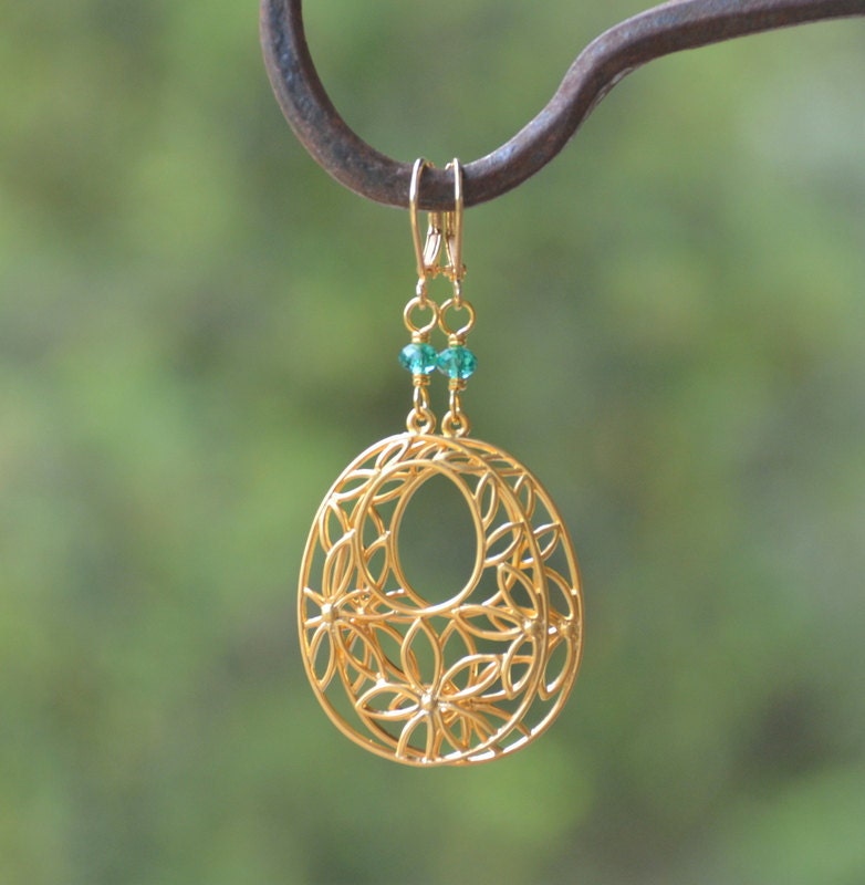 Gold Flower Oval Teardrop and Teal Crystal Dangle Earrings - Unique Chic Gold Earrings Jewelry Gift for Her. Free Shipping.