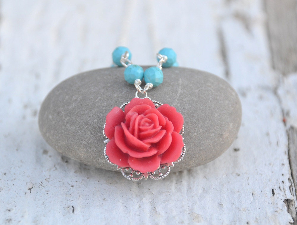 Red Rose and Turquoise Beaded Necklace - Beautiful Summer Fashion Necklace Jewelry Gift for Her. Free Shipping.