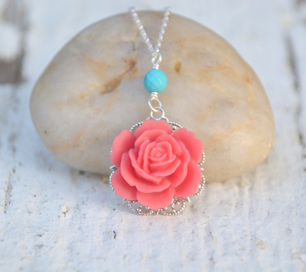 Coral Red Rose and Turquoise Classic and Simple Summer Necklace Jewelry Gift for Her. Free Shipping.