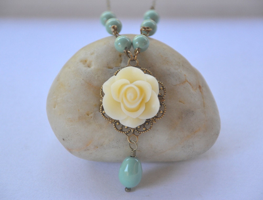Vintage Style Ivory Rose and Grayed Jade Green Swarovski Pearl Teardrop Necklace.  Ivory Rose and Turquoise Green Pearl Necklace.