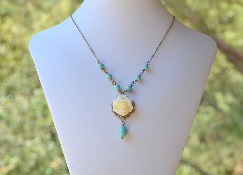 Vintage Style Ivory Rose and Grayed Jade Green Swarovski Pearl Teardrop Necklace.  Ivory Rose and Turquoise Green Pearl Necklace.