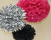 Tissue Paper Pom Poms - Set of 10 Poms- Your Color Choice- SALE - Pink Zebra and Black  - First Birthday Party - Bachelorette Party