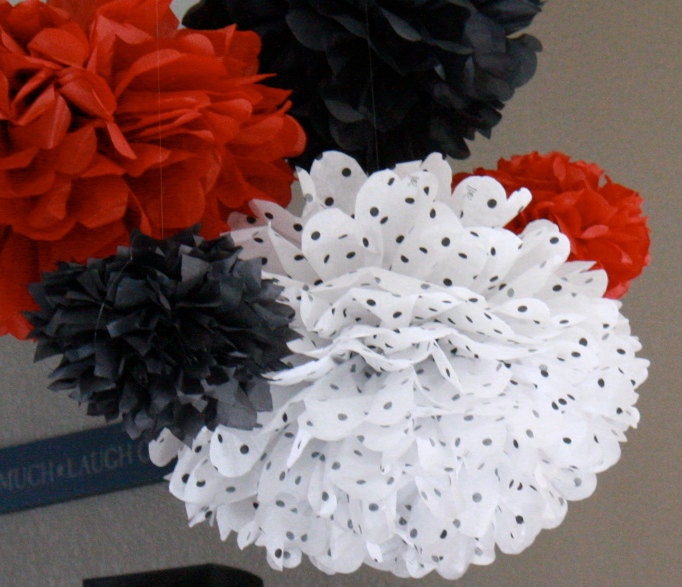 Tissue Paper Pom Poms -Set of 10- Mickey Mouse, Minnie Mouse or Ladybug Birthday Party - Polka Dot Decorations