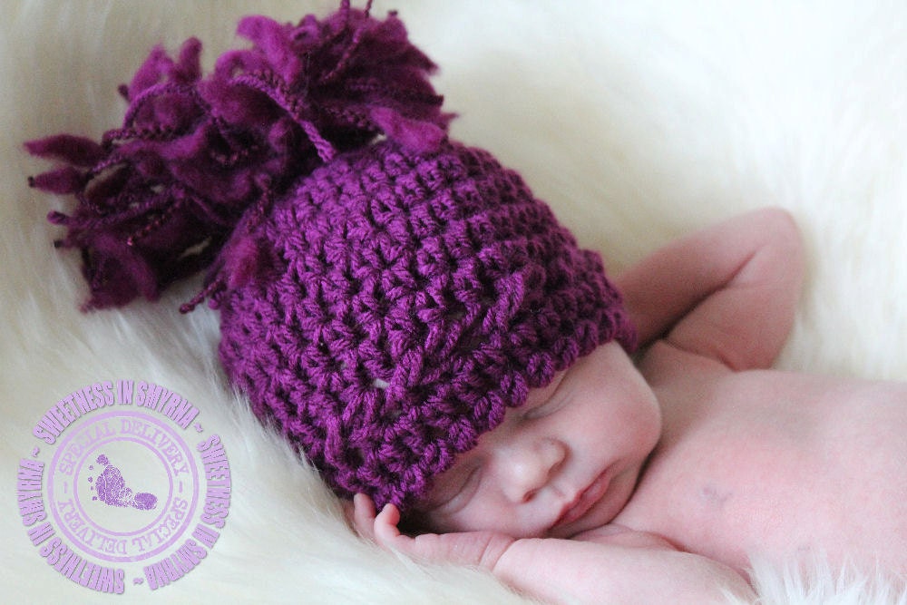 Baby Girl, Crochet Baby Hat, Crochet Newborn Beanie, Purple, Amethyst, Tassle, 0 - 3 months, READY TO SHIP, Sweetness In Smyrna