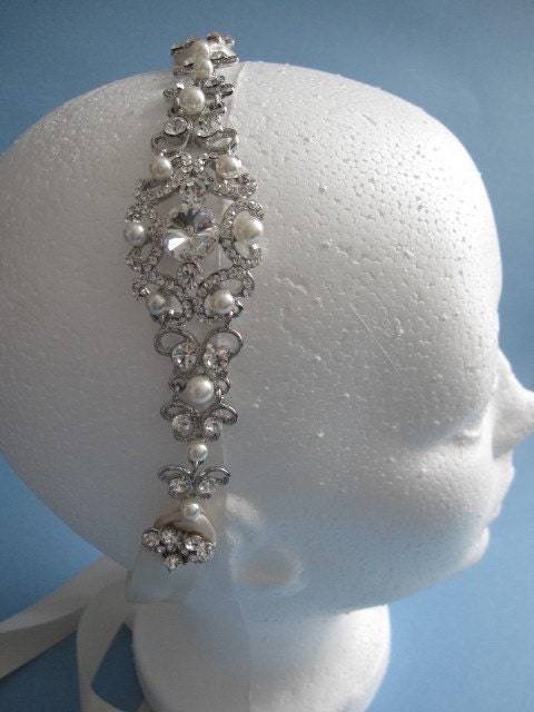Bridal pearl and crystal headband, wedding pearl headband, bridal headband ribbon, bridal hair accessories, wedding hair accessories,