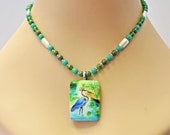 Blue Heron Fused Glass Pendant Green Blue Beads Necklace