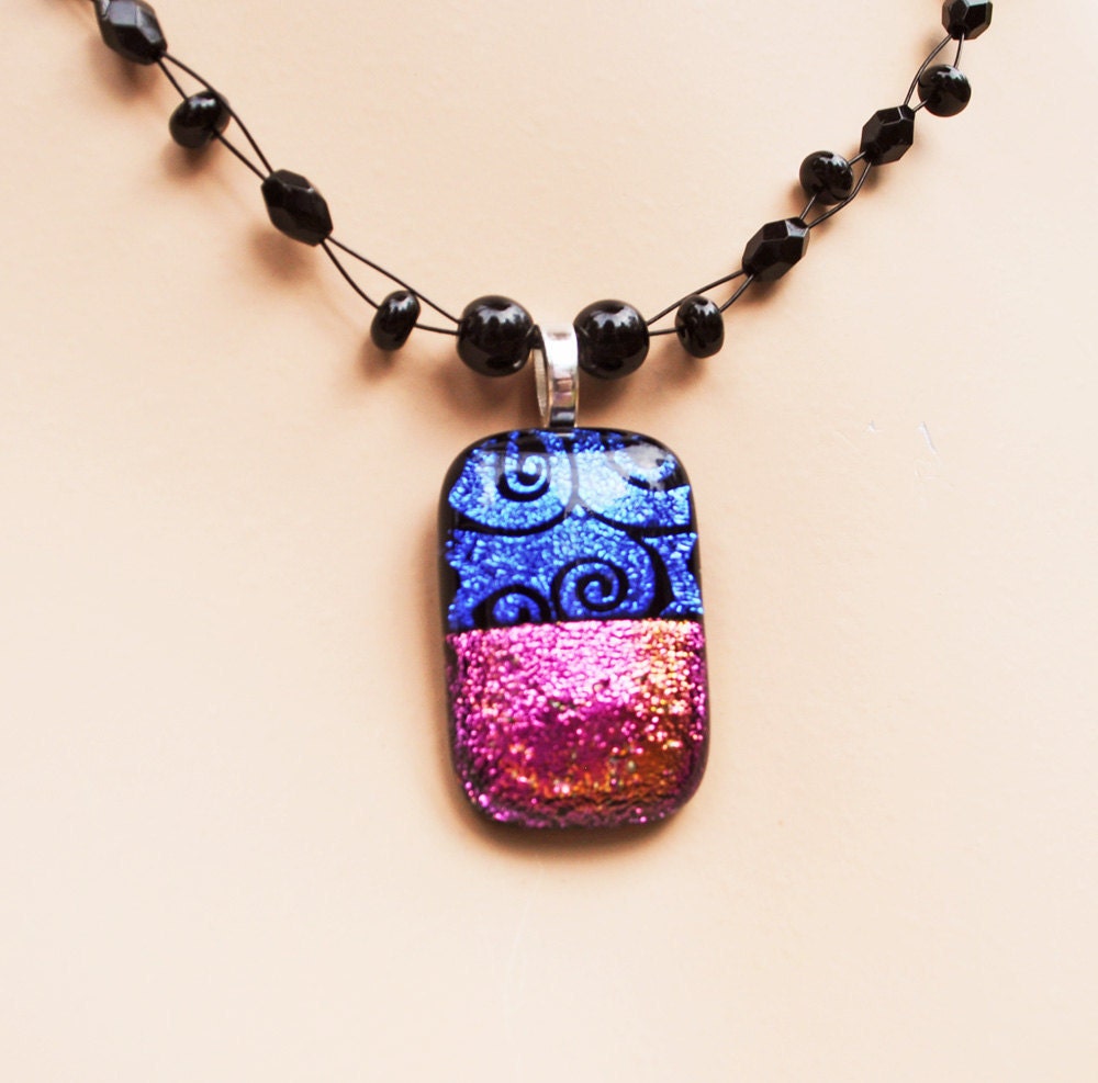 Blue Pink Dichroic Glass Pendant Necklace