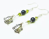 Turtle Charm Black Green Silver Dangle Earrings