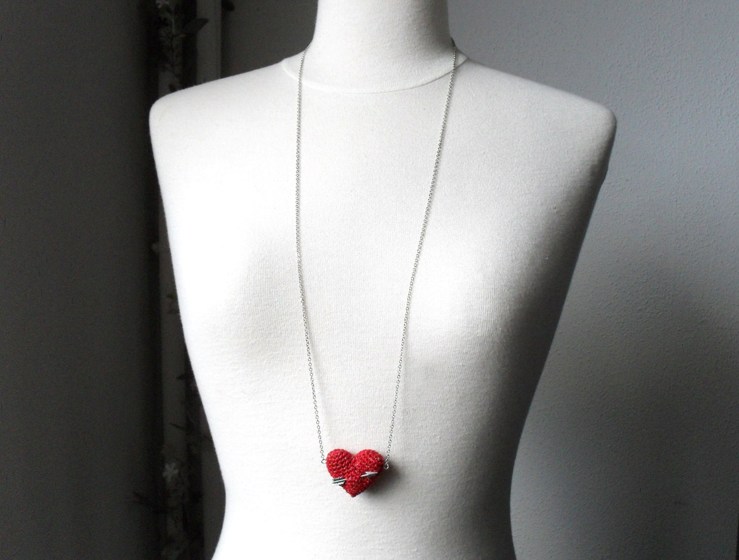 Valentine Long Necklace with crochet red heart and arrow. Love necklace