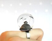 Miniature ring-Scary little gray house and bats - fantasy adjustable ring