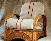 1940s Rattan Chair / Red Striped Grain Sack Upholstery