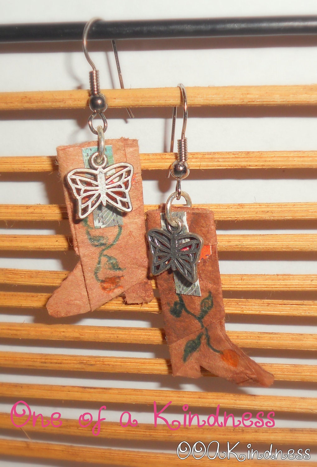 Unique Origami Cowboy Boot Earrings with butterfly charms, cut paper & hand drawn details