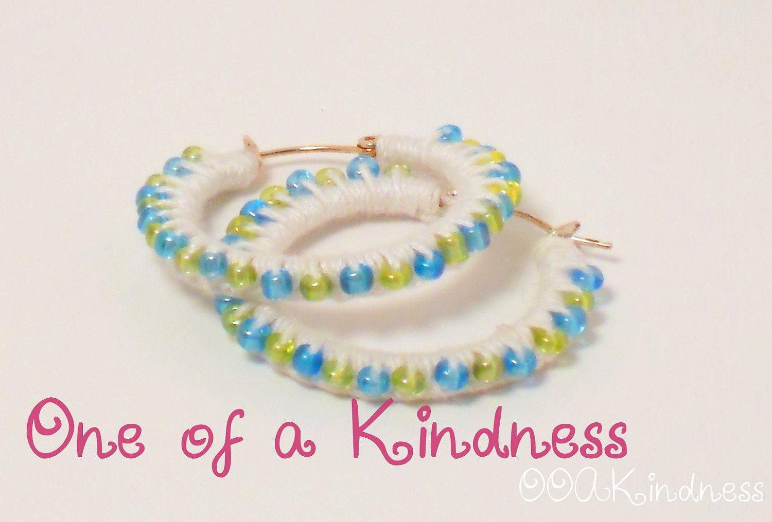 The Minimalist: Silver Plated Hoops, White Bamboo Thread Crochet, Blue & Yellow Glass Seed Beads