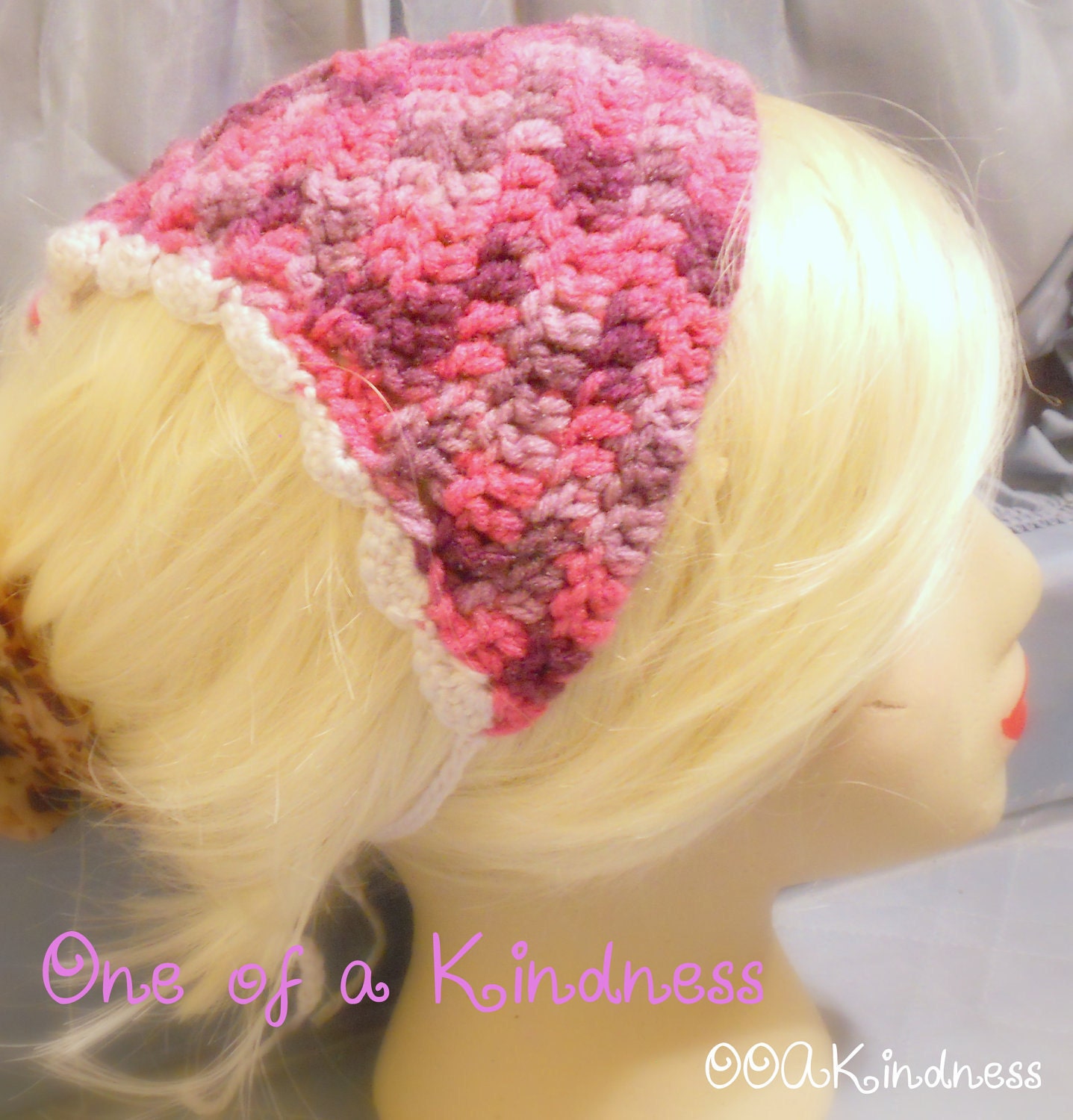 Pink & Purple Variegated Acrylic Crochet Kerchief with White Scallop Trim