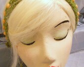 Moss Green Vintage Acrylic Crochet Headband with Wooden Beads, ties for fit
