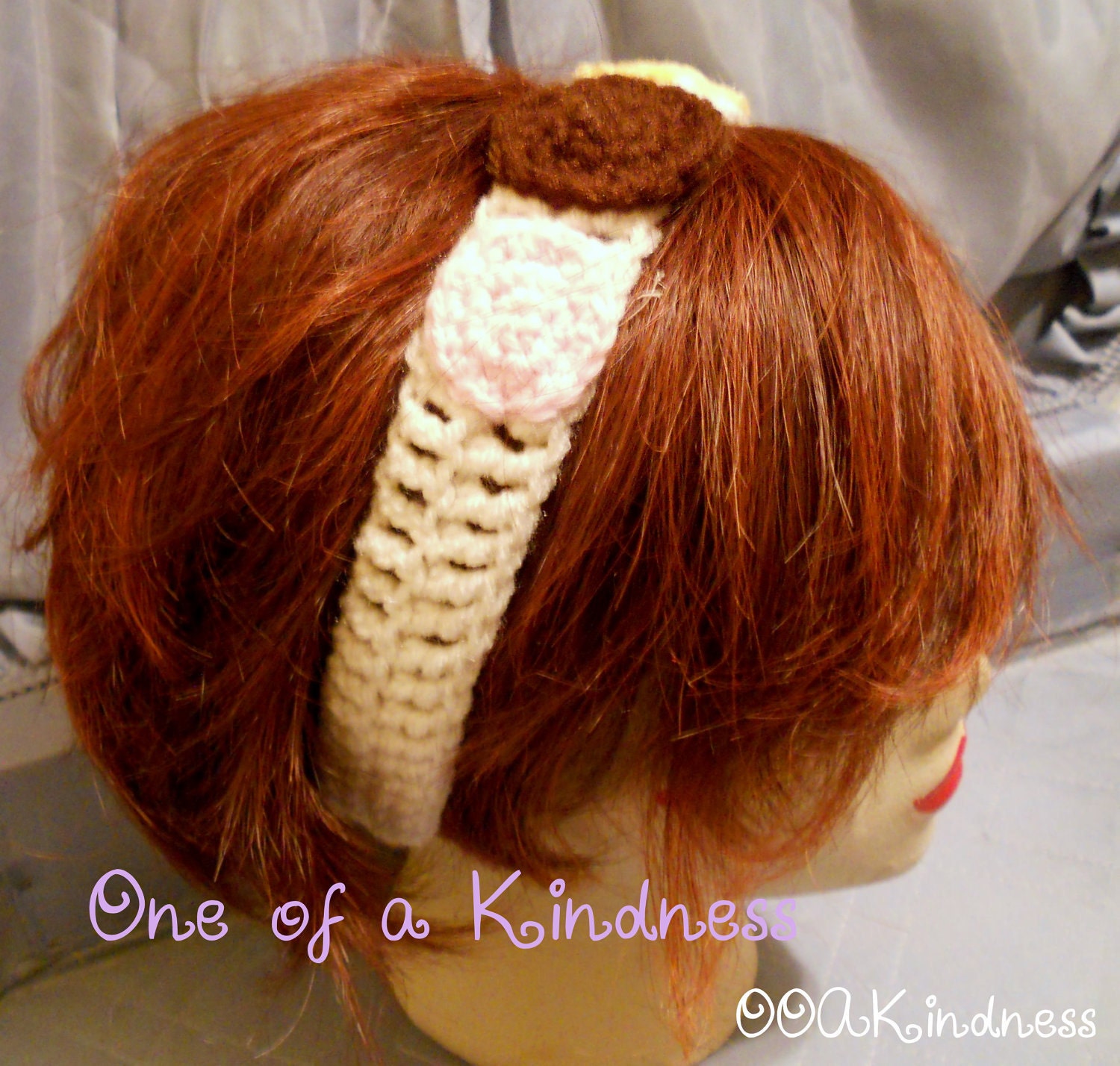 White Crochet Acrylic Headband with Pink, Brown, & Yellow Circle Appliques, ties for fit