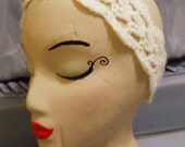 Wide Lacy Winter White Acrylic Crochet Headband, elastic back covered in matching crochet