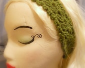 Moss Green Vintage Acrylic Lacy Crochet Headband, ties for fit