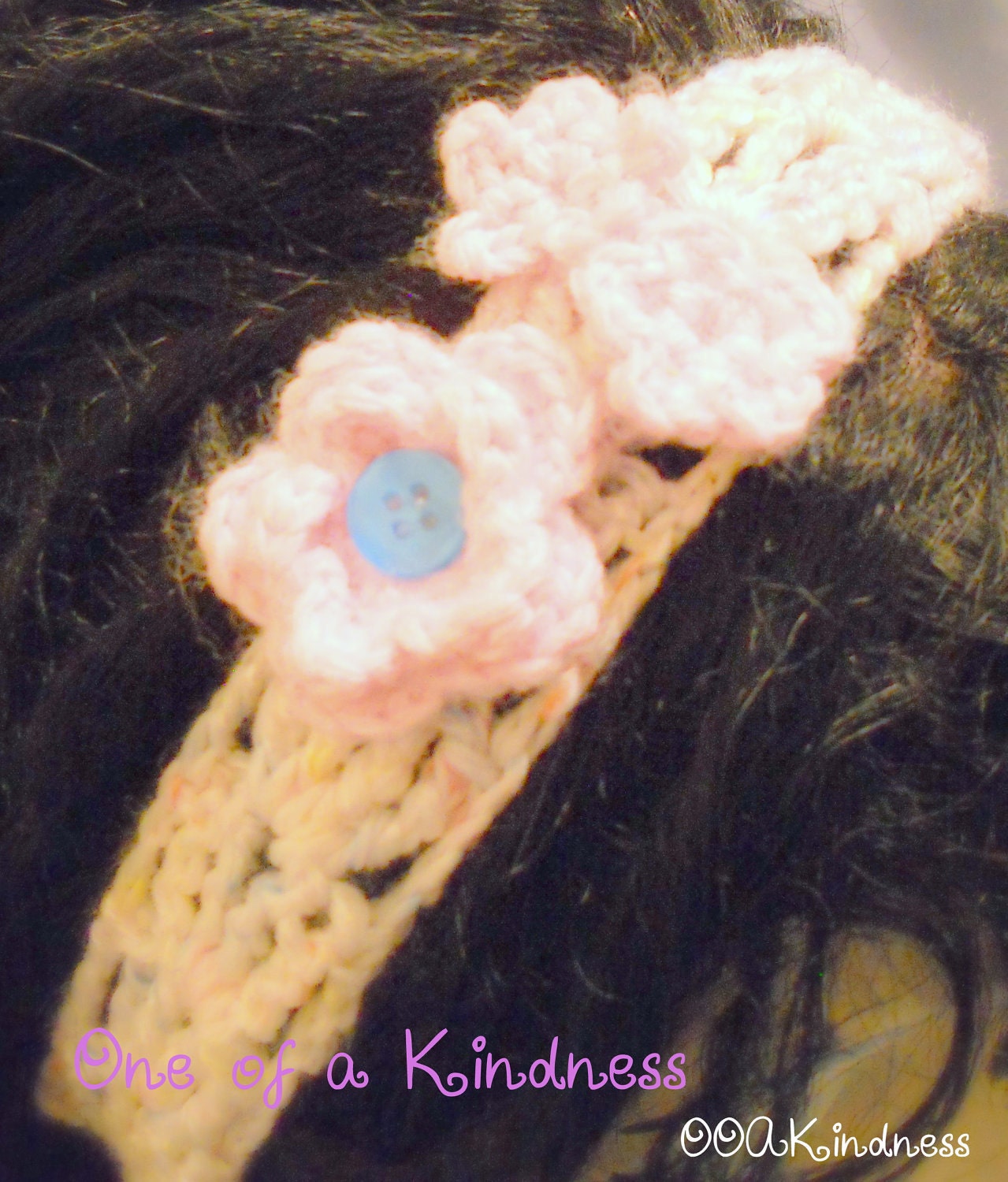 Lacy Pastel & White Acrylic Crochet Headband with Pink Flowers, ties for fit