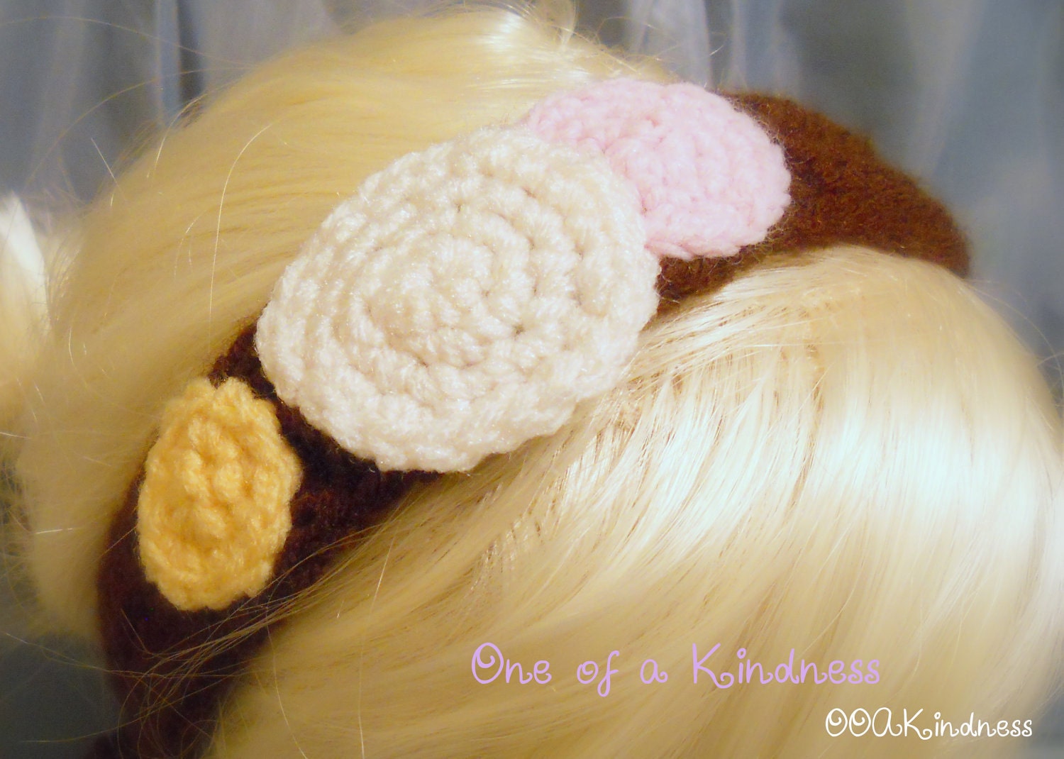 Chocolate Brown Crochet Acrylic Headband with Pink, White, & Yellow Circle Appliques, ties for fit