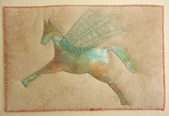 Pegasus Horse, Textile Postcard, Fiber Art, neutral tan, gift idea, home decor