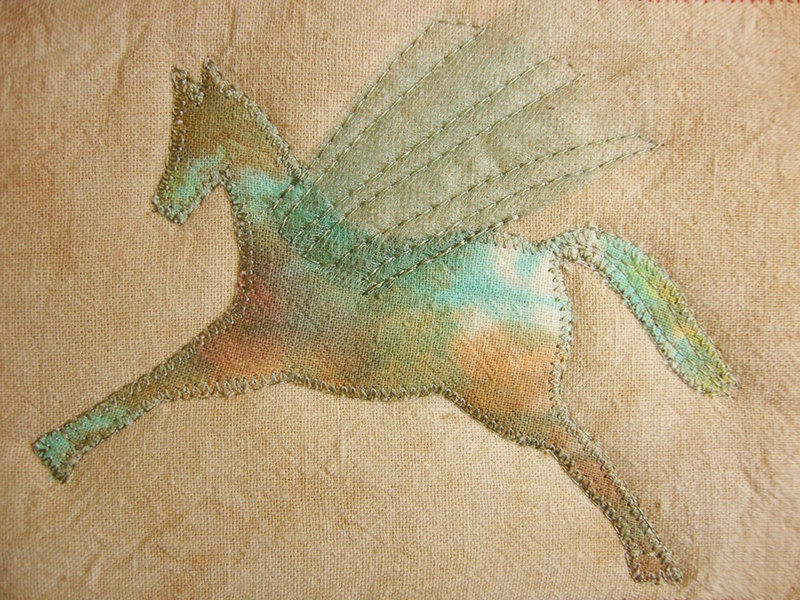 Pegasus Horse, Textile Postcard, Fiber Art, neutral tan, gift idea, home decor