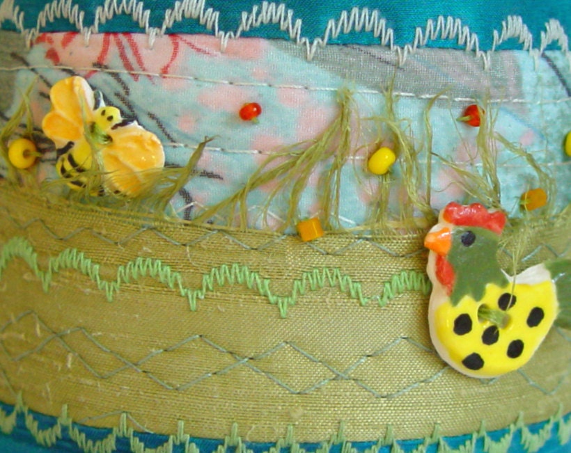 SUMMER BRACELET, Embroidered Jewelry, Turquoise Lime, Silk Bracelet, Quilted Textile