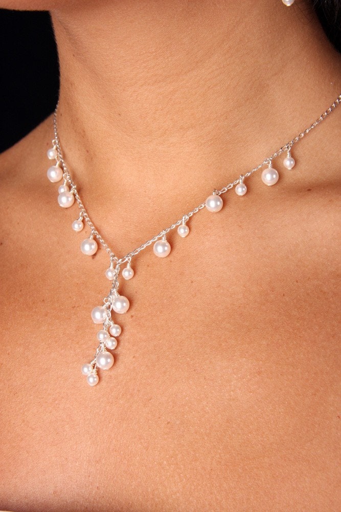 Mia, Cascading Swarovski Pearl Bridal Bridesmaid Drop Necklace