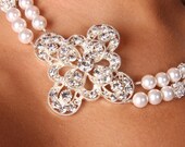 Victoria, Rhinestone Brooch Double Strand Necklace Swarovski Pearls Rhinestone Ball