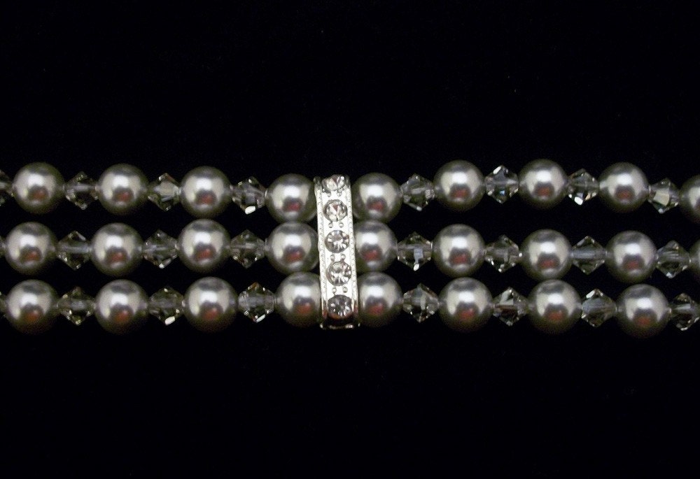 Swarovski Crystal and Pearl Triple Strand Strand Grey Silver Bridal Bracelet, The Jenna