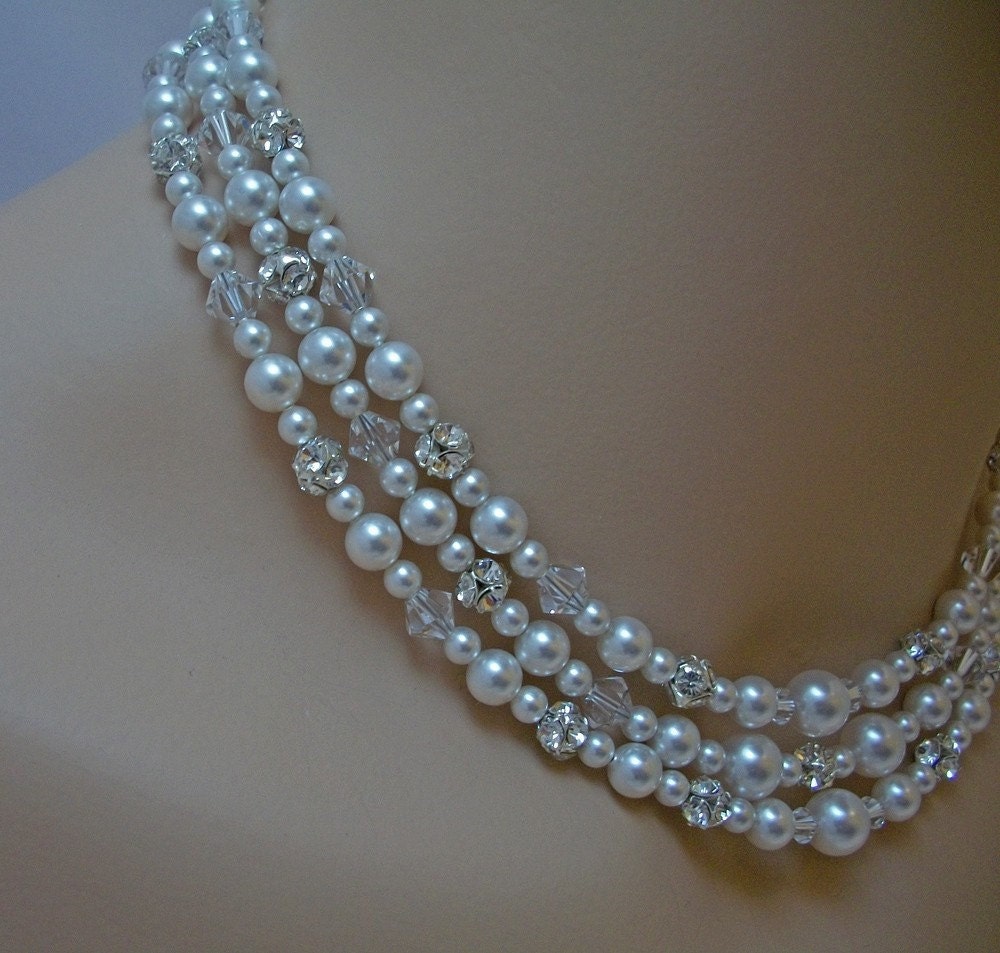 Triple Strand Swarovski Crystal Pearl Rhinestone Ball Bridal Necklace, The Alyssa