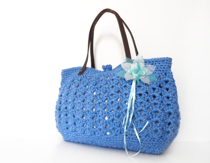 blue summer bag- Handbag Celebrity Style With Genuine Leather Straps / Handles shoulder bag-crochet bag-hand made