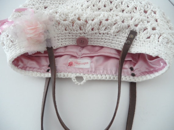 new season bag-white summer bag- Handbag Celebrity Style With Genuine Leather Straps / Handles shoulder bag-crochet bag-hand made