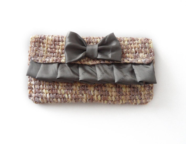 Taupe Clutch with satin bow and ruffles with removable light-wheight chain