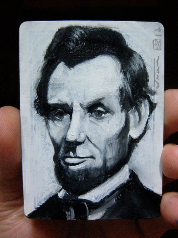 Portrait of Abraham Lincoln. Oil painting on a playing cards 2012