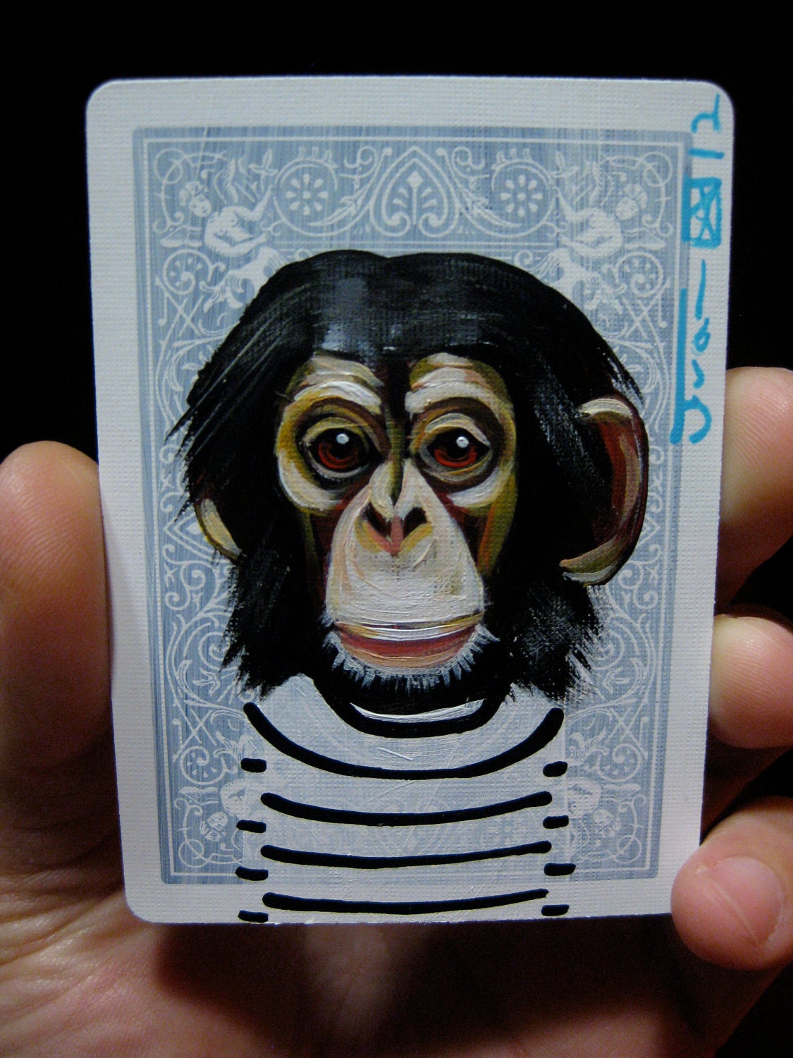 Chimpanzee portrait N13 on a playing cards. Original acrylic painting. 2012