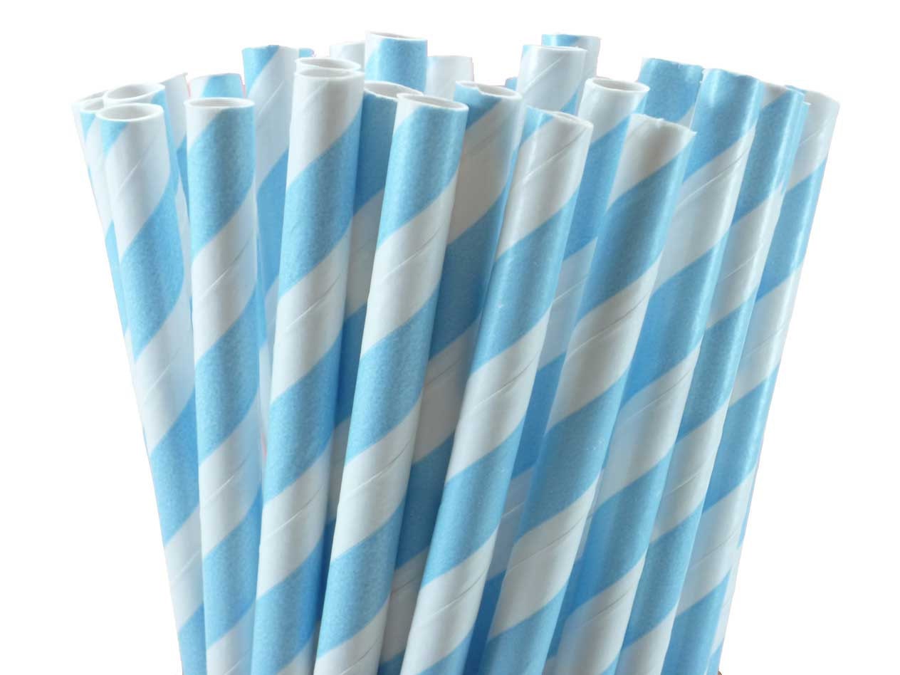 Light Blue Striped Paper Straws with Printable DIY Flags (100 count)