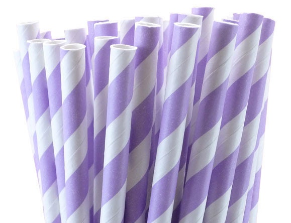 Lavender Striped Paper Straws, Party Drinking Straws with Printable DIY Flag Toppers (50 count)