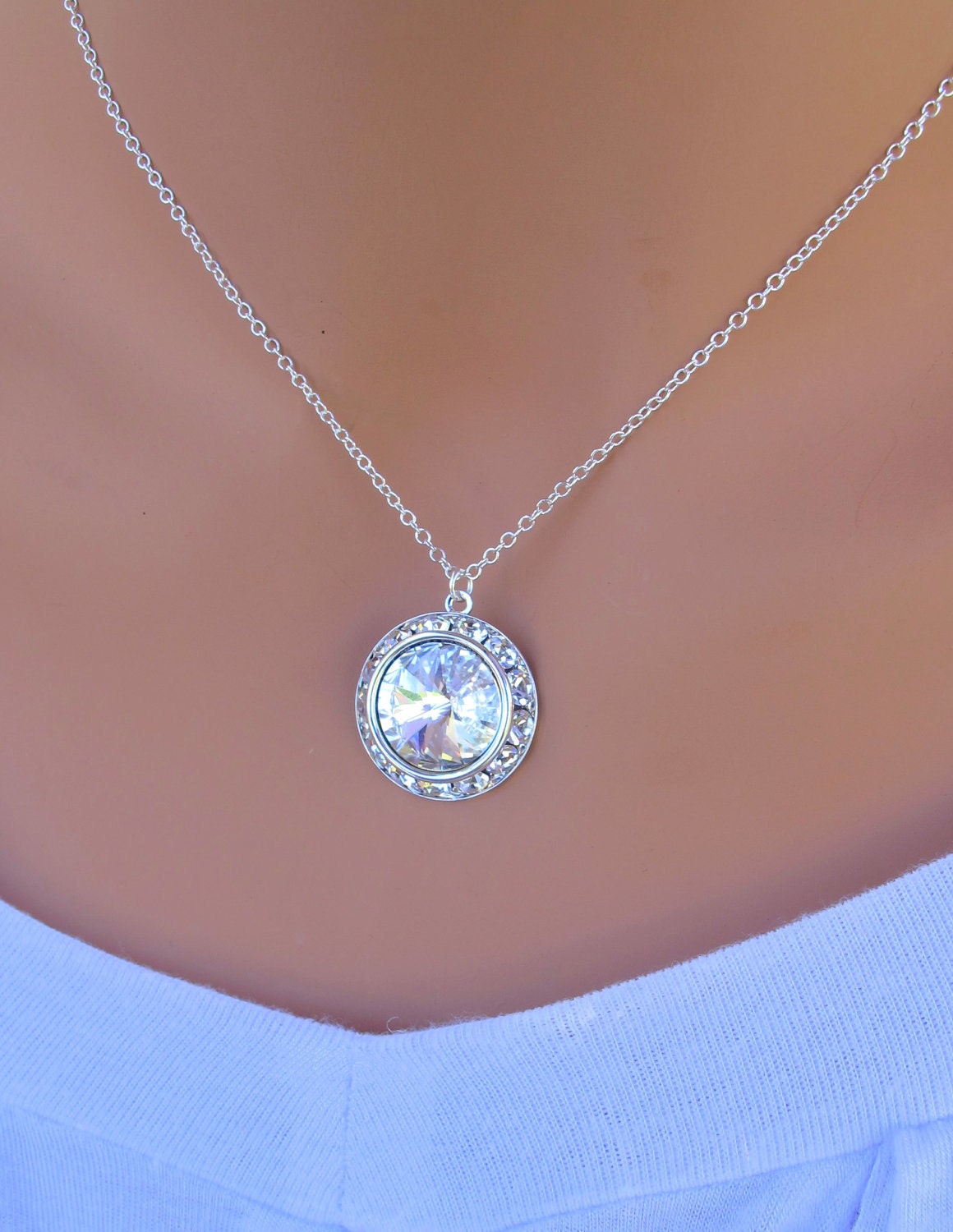 Clear Crystal GLAMOROUS Rivoli in Cubic Zirconia 14mm sterling silver necklace. BRIDESMAIDS GIFT. Wedding. Formal.