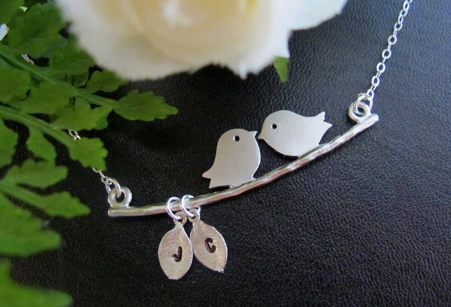 Kissing Love Birds necklace. Personalized. Initials on the Leaf. Couple. Two Love Birds. Anniversary. Marriage. Gift.