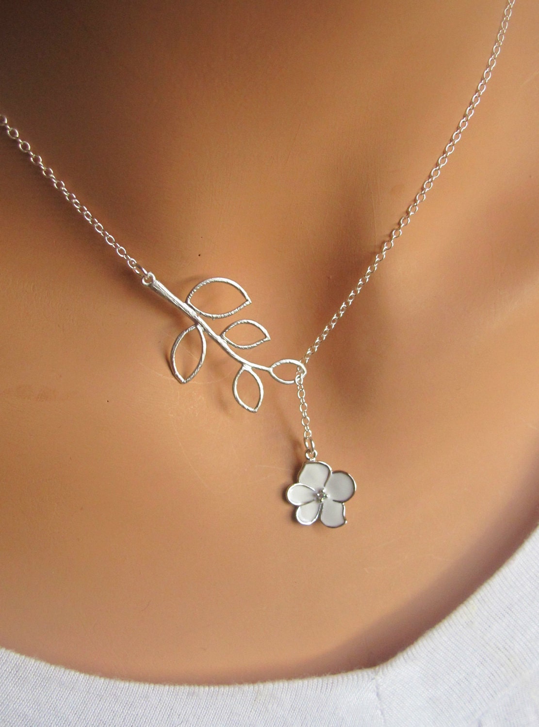 Orchid with CZ and Branch lariat necklace. Bridal. Wedding. Bridesmaids Gift. Everyday Wear. In Silver.