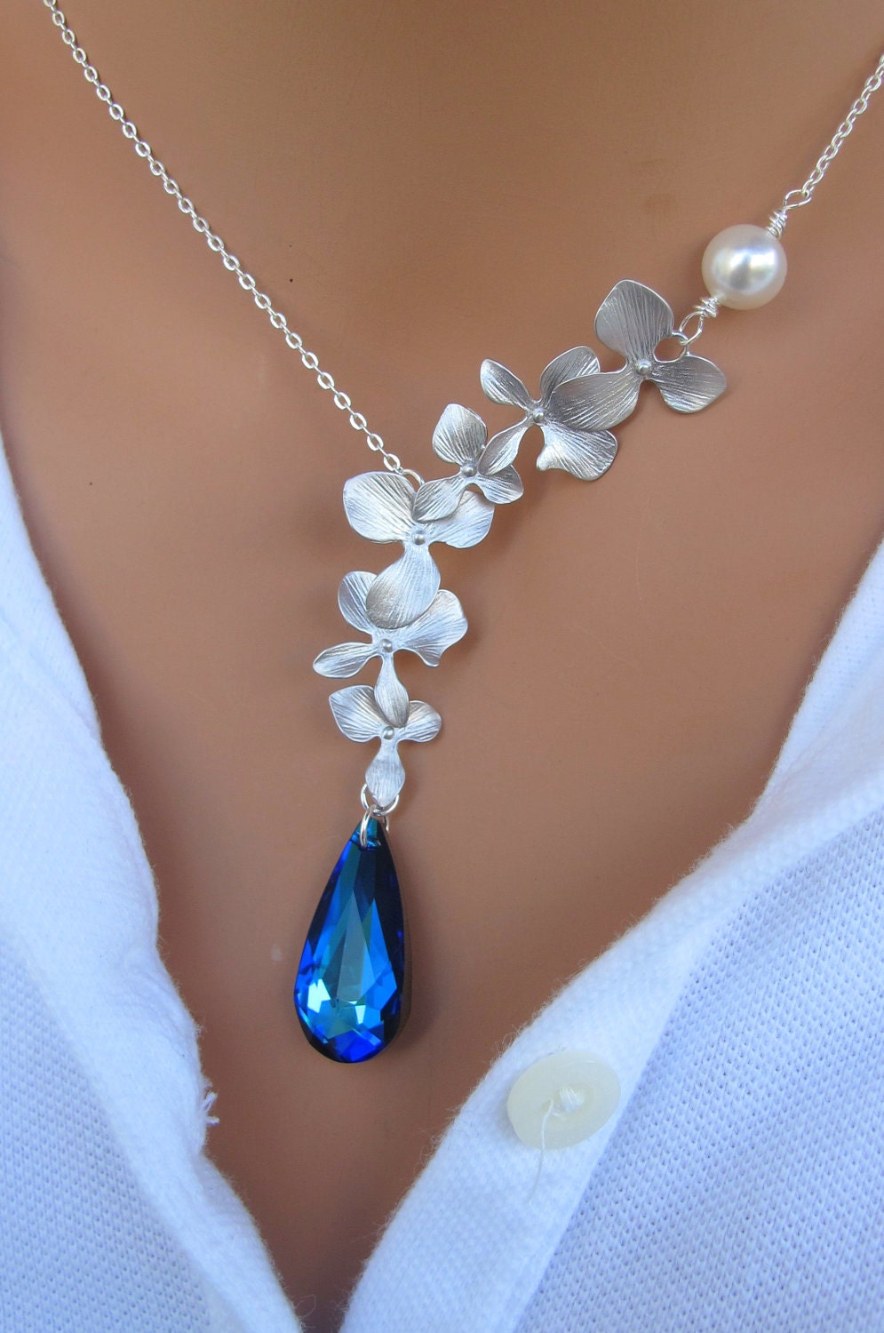 Peacock and Orchids sterling silver necklace. Bridal. Wedding. Bridesmaids Gift.