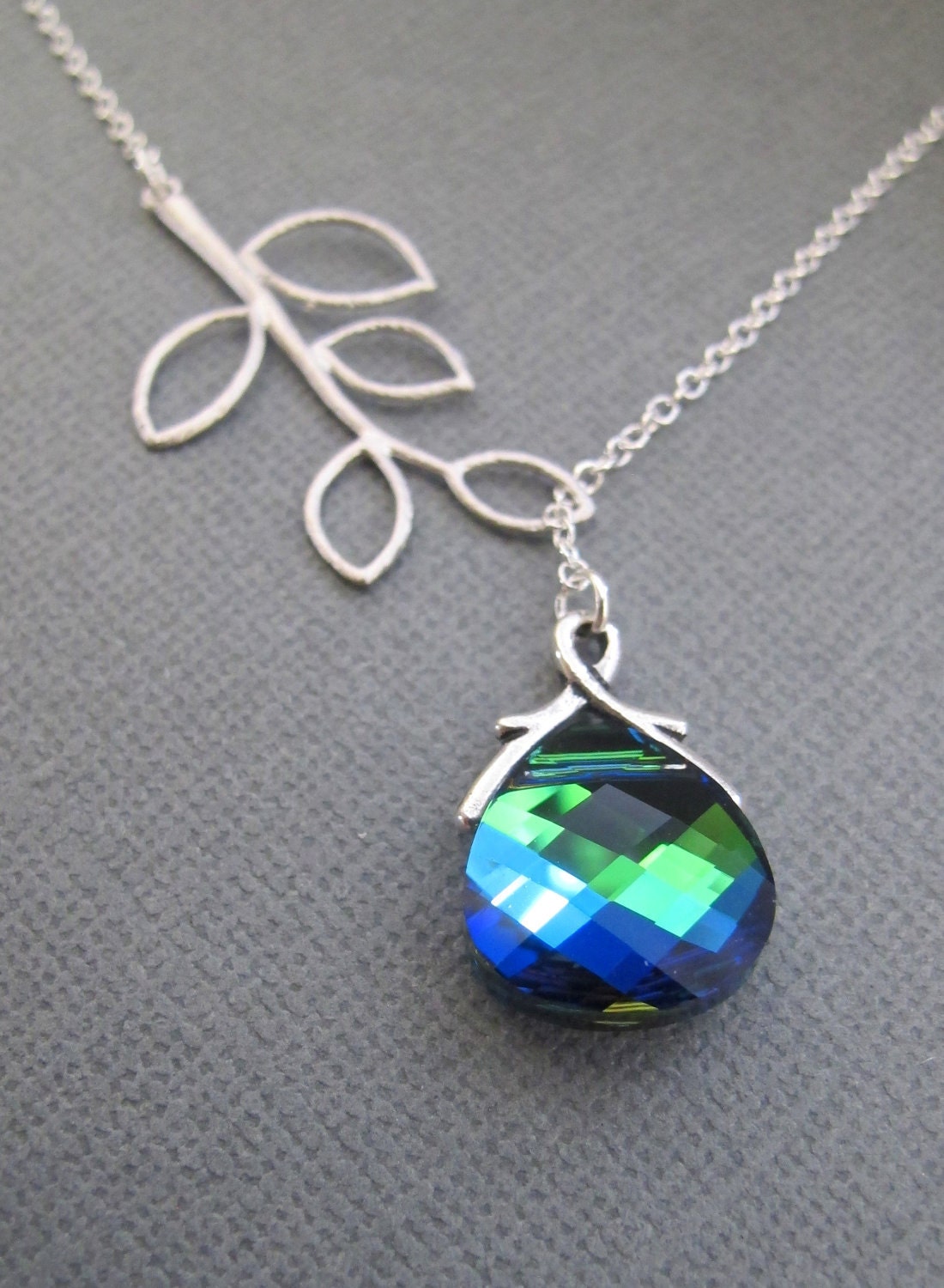 Peacock, Aqua Sphinx and Branch necklace in STERLING SILVER. Bridal. Wedding. Bridesmaids Gift.
