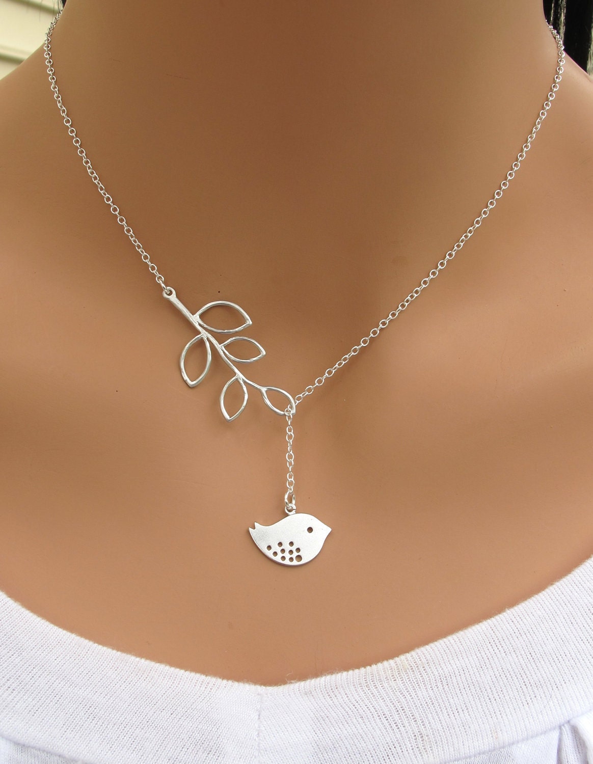 Detailed Bird and Branch lariat necklace in STERLING SILVER