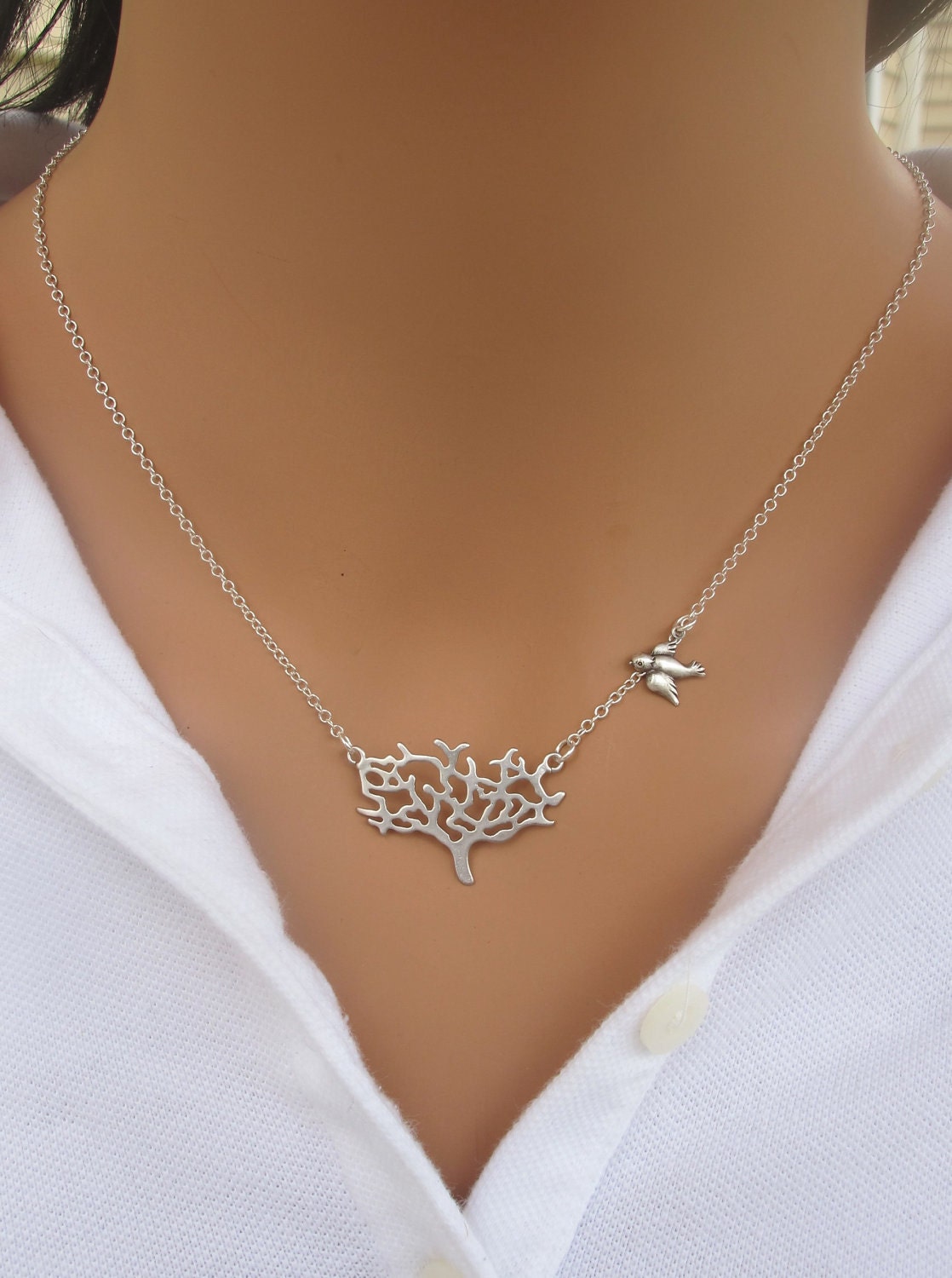 Tree and Sparrow Bird Necklace in STERLING SILVER.