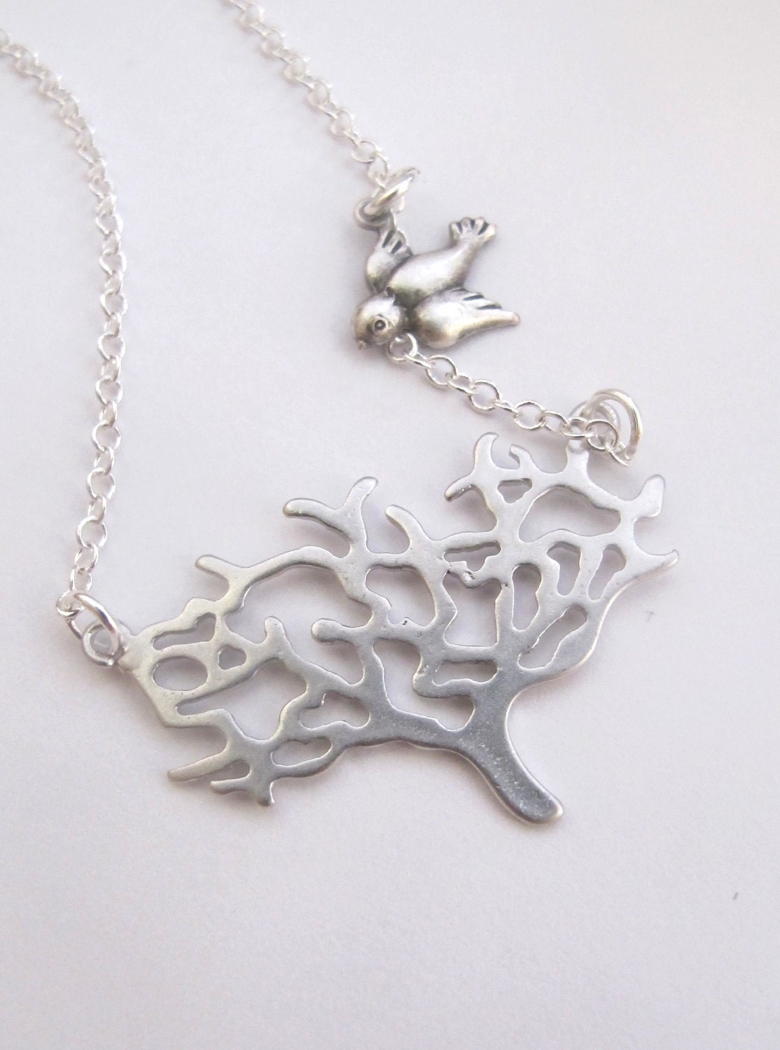 Tree and Sparrow Bird Necklace in STERLING SILVER.