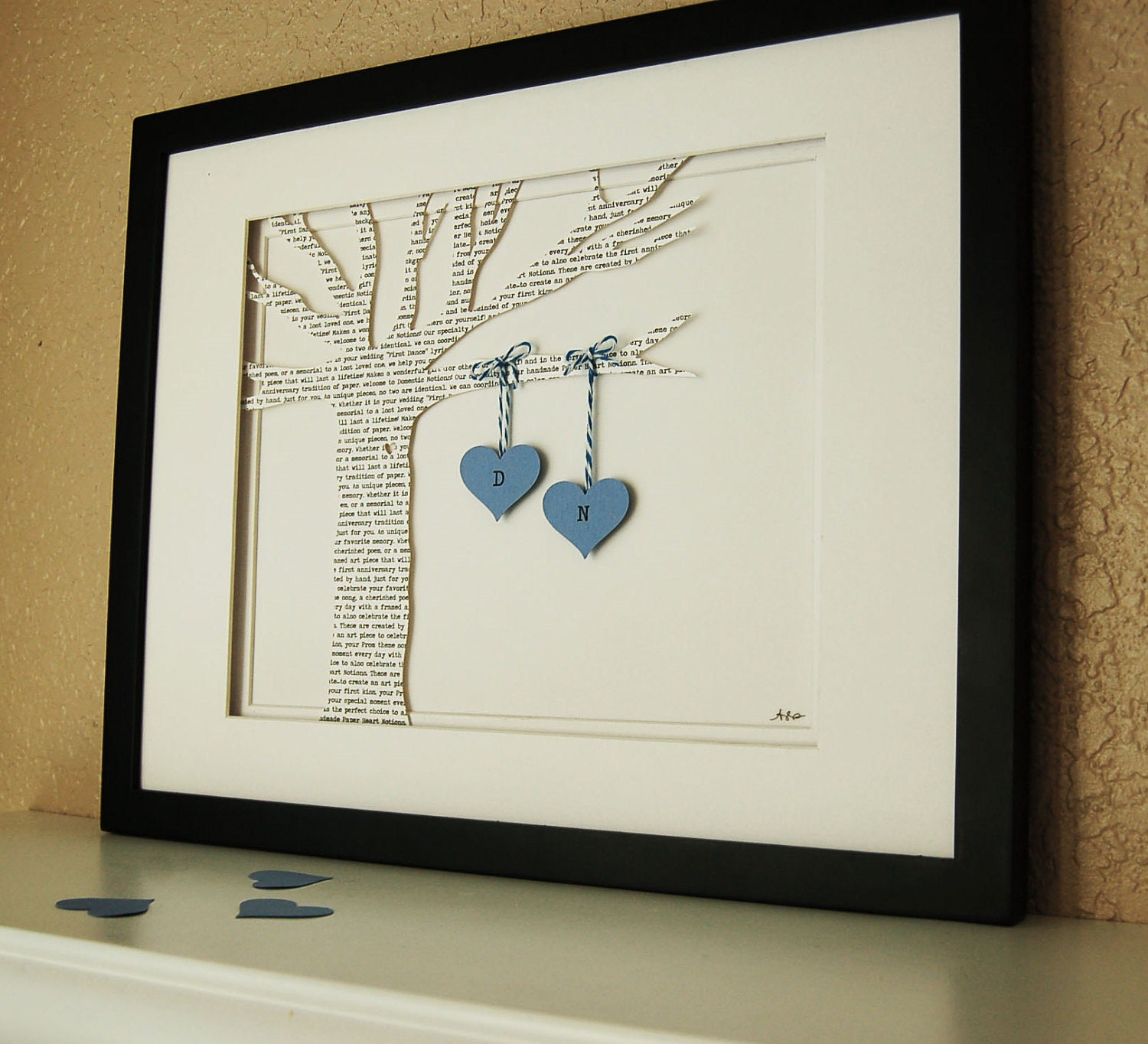 Unique Anniversary Gift: Celebrate Your Favorite Memory, Printed Paper Tree with Hanging Hearts in Blue