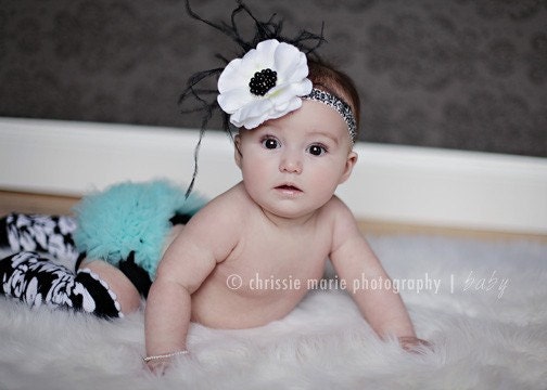 THE CLASSIC Black and White Damask Headband White Silk Flower Black Center Amazing Ostrich Feathers - Matching Clip Available - All Sizes